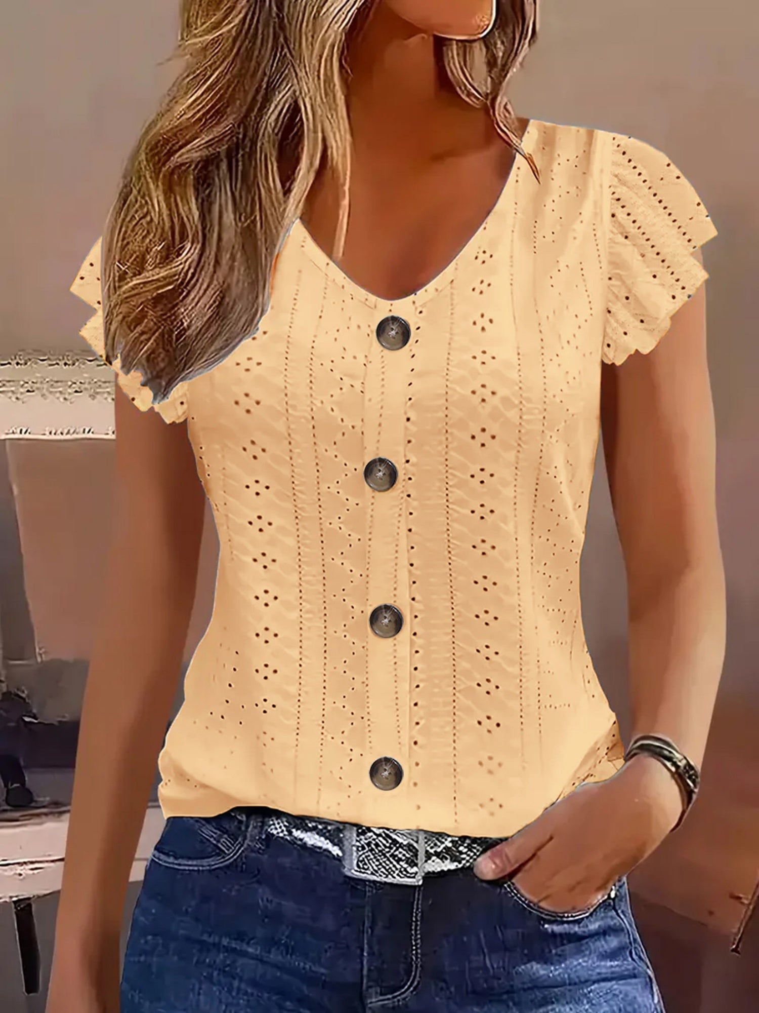 Jacquard Hollow Out Lotus Leaf Sleeves Buttons Crew Neck T-shirts