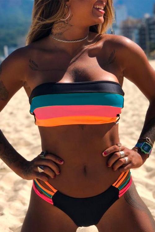 Rainbow Striped Tube Top Bandeau Bikini Set