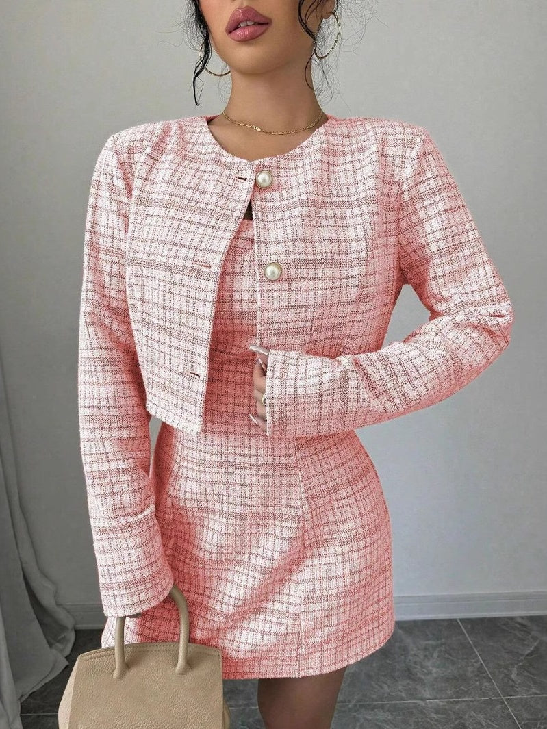 Single-breasted Short Jacket Fitted Dress 2-piece Sets