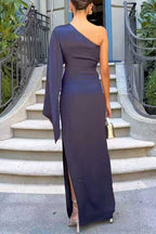 One Shoulder Long Sleeve Side Slit Satin Maxi Dress