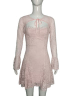 Lace Patchwork Hollow Out Straps Flared Long Sleeves Mini&Short Dresses