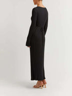 Deep V-Neck Ribbed Knit Long Sleeve Lettuce Edge Trim Maxi Dress