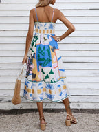 Square Neck Spaghetti Strap Abstract Tropical Print Midi Dress