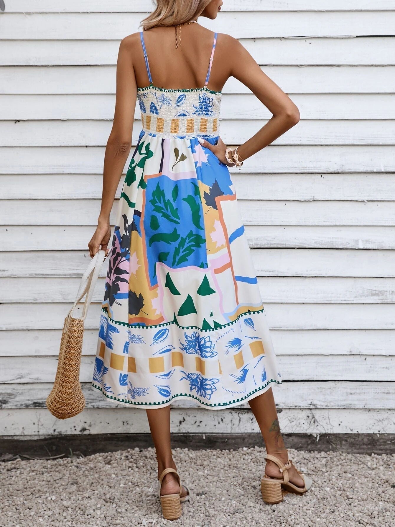 Square Neck Spaghetti Strap Abstract Tropical Print Midi Dress