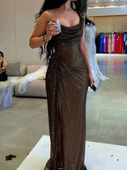 One Shoulder Gold And Silver Thread Fabric Slit Gathering Parties Maxi Dresses