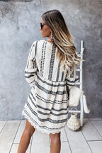 V-Neck Bell Sleeve Crochet Lace Trim Geometric Print Boho Mini Dress