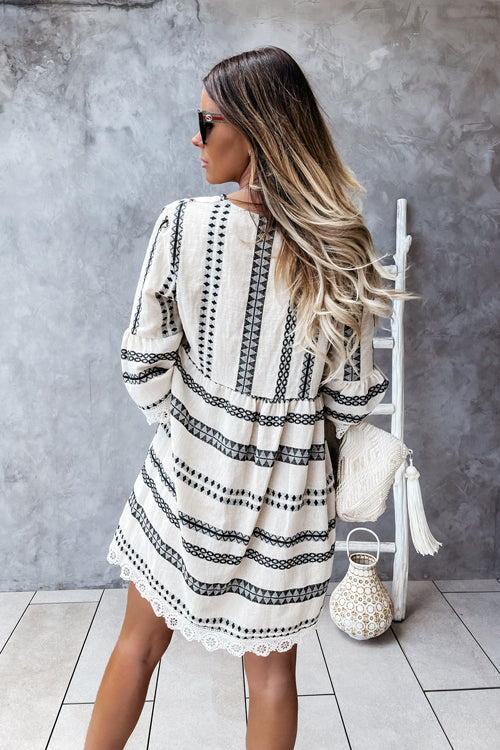 V-Neck Bell Sleeve Crochet Lace Trim Geometric Print Boho Mini Dress