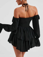Ruffle Halter Neck Low-cut  Flare Sleeve Sweet Mini&Short Dresses