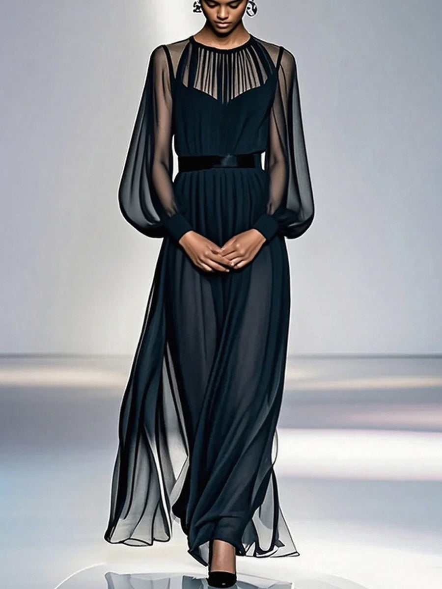 Black Waist Camisoles Mesh 2-piece Sets Maxi Dresses