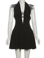 Lace Patchwork Halter Neck Deep V-neck Mini&Short Dresses
