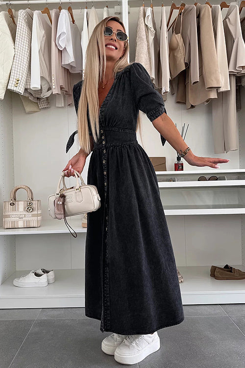 Denim Deep V-Neck Puff Sleeve Button Front Split Midi Dress