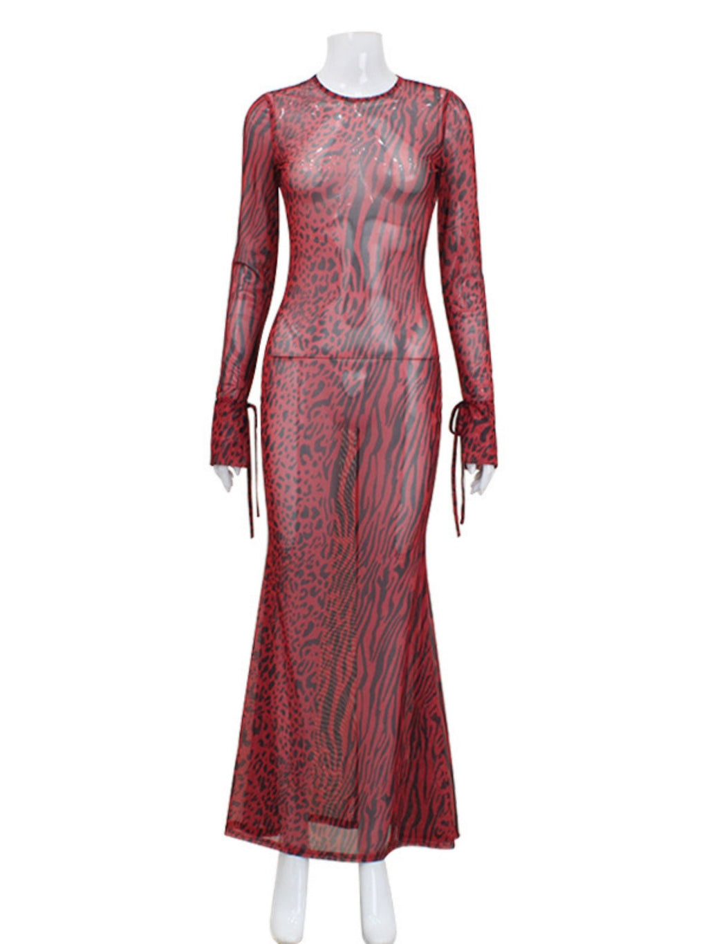 Leopard Print Backless Round Neck Long Sleeve Fish Tail Maxi Dresses