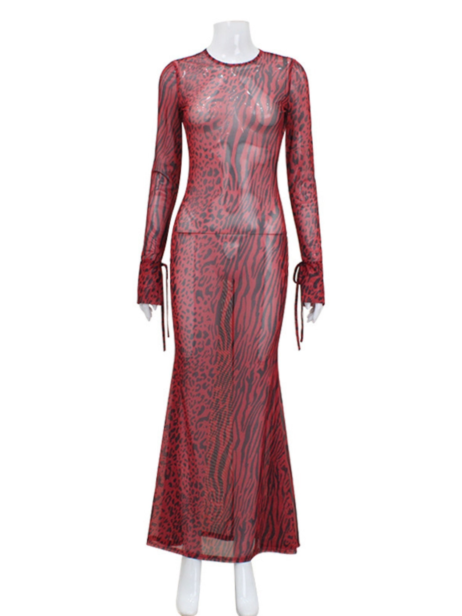 Leopard Print Backless Round Neck Long Sleeve Fish Tail Maxi Dresses
