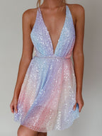 Sequins Bow Tie Deep V-neck Suspenders Backless Mini&Short Dresses