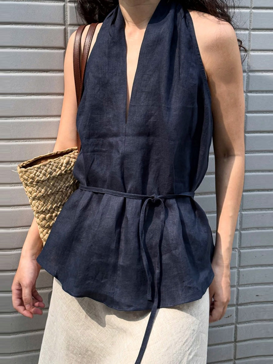 Cotton Blend Halter Navy Blue Lace Up Comfort Temperament Commuting Tank Tops