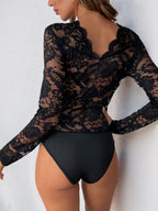 Openwork Lace V-neck Long-sleeved Inner Layer Tight Bodysuits