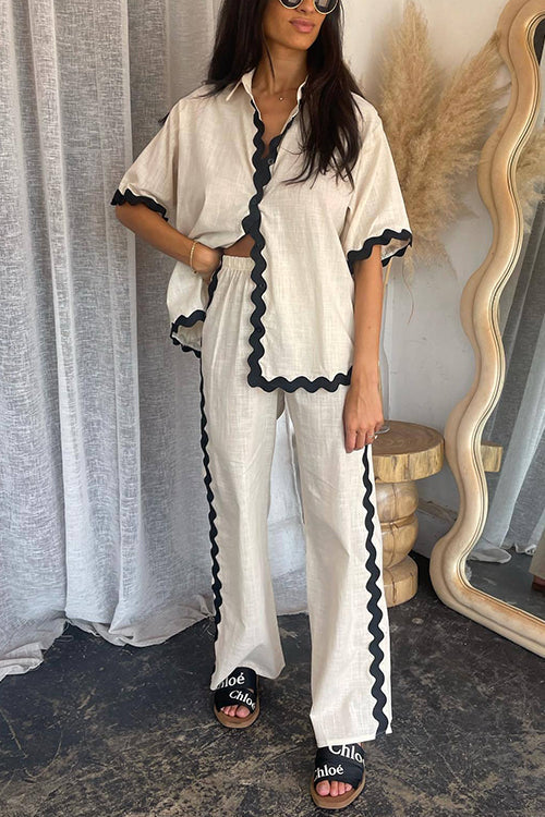Ric Rac Short Sleeves Button Up Shirt Elastic Waist Pants Set