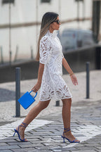 Mock Neck Guipure Lace Scalloped Elbow Sleeve Shift Mini Dress