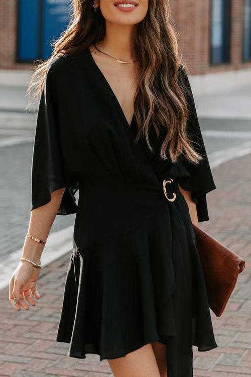 Surplice Wrap Buckle Waist Flutter Sleeve Ruffled Hem Mini Dress