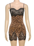 Leopard Print Lace Patchwork Spaghetti Strap Backless Mini&Short Dresses