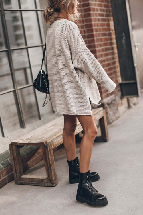 Waffle Knit Crew Neck Long Sleeve Side Slit Sweater Mini Dress