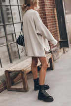 Waffle Knit Crew Neck Long Sleeve Side Slit Sweater Mini Dress