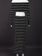 Striped Color Blocking Off-shoulder Long-sleeved T-shirt Long Bodycon Skirt 2-piece Sets