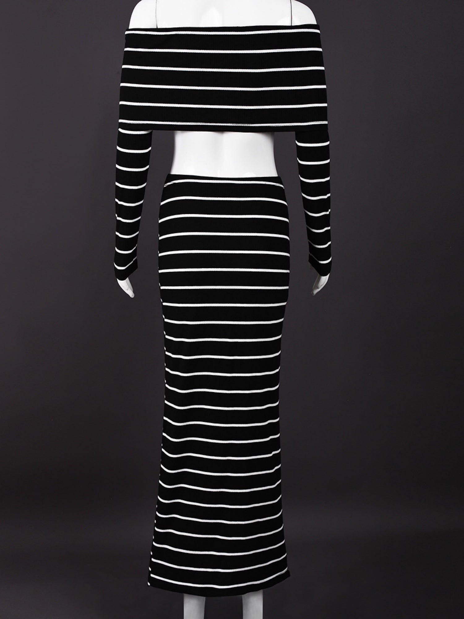 Striped Color Blocking Off-shoulder Long-sleeved T-shirt Long Bodycon Skirt 2-piece Sets