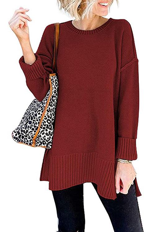Drop Shoulder Side Split Loose Sweater
