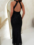 Neckband Evening Gown Sleeveless Sequined Long Dress