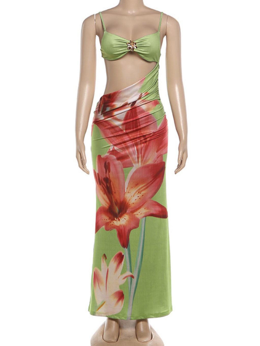 Printed Color Blocking Backless And Navel Exposed Strapless Bra Maxi Dresses