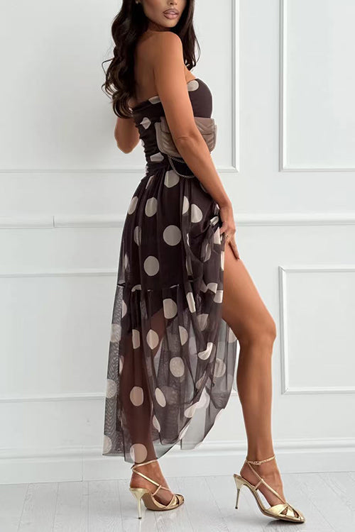 Strapless Polka Dot Mesh Ruffle Hem Maxi Dress