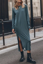 Knit Crew Neck Long Sleeve Relaxed Side Split Midi Dress