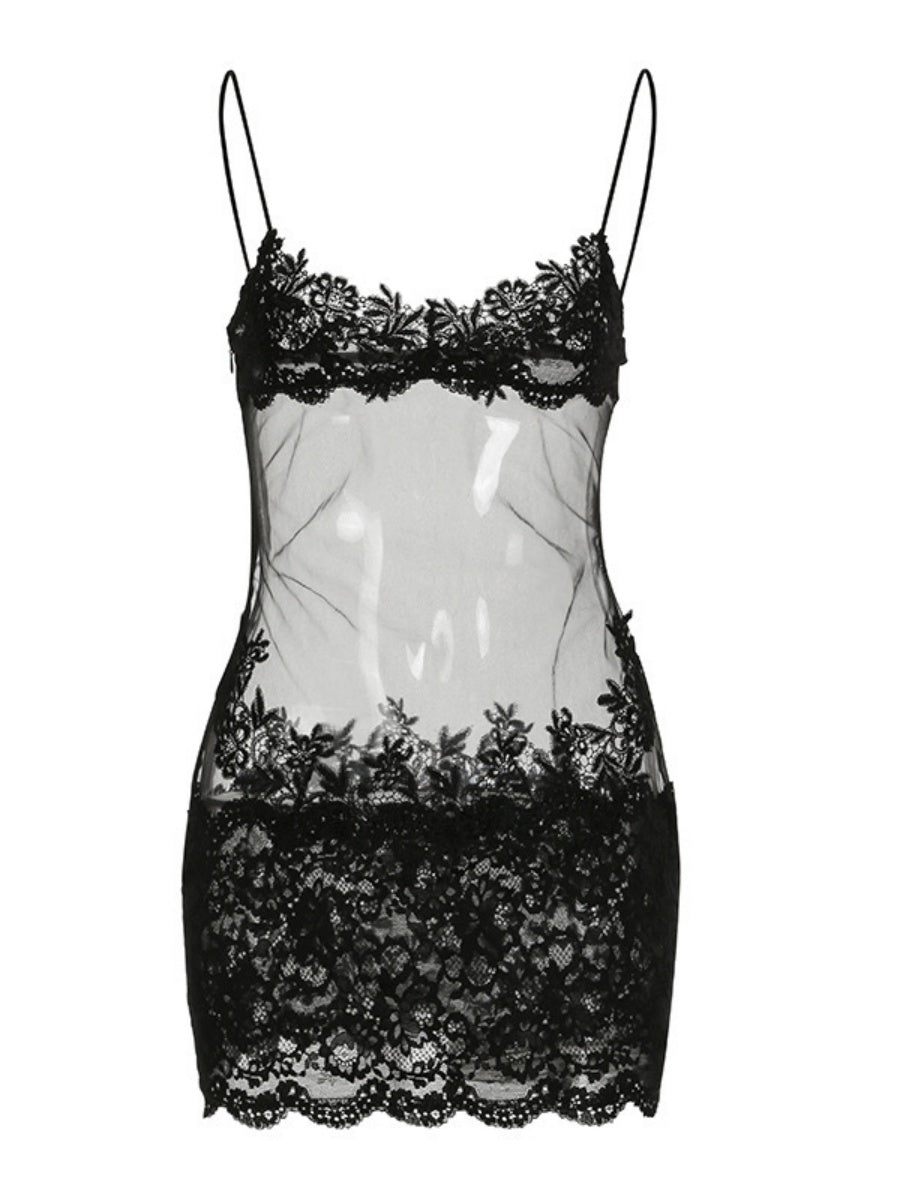 Sheer And Sexy Short Suspender Dress With Mesh Lace Trim