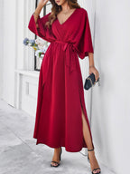 V-neck Tie High-waisted Slit Grace Maxi Dresses