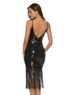 Deep V-neck Tassel Embroidery Sexy Sequined Backless Dress Midi Dresses