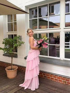 Halter Backless Cake Skirt Pink Yellow Maxi Dress