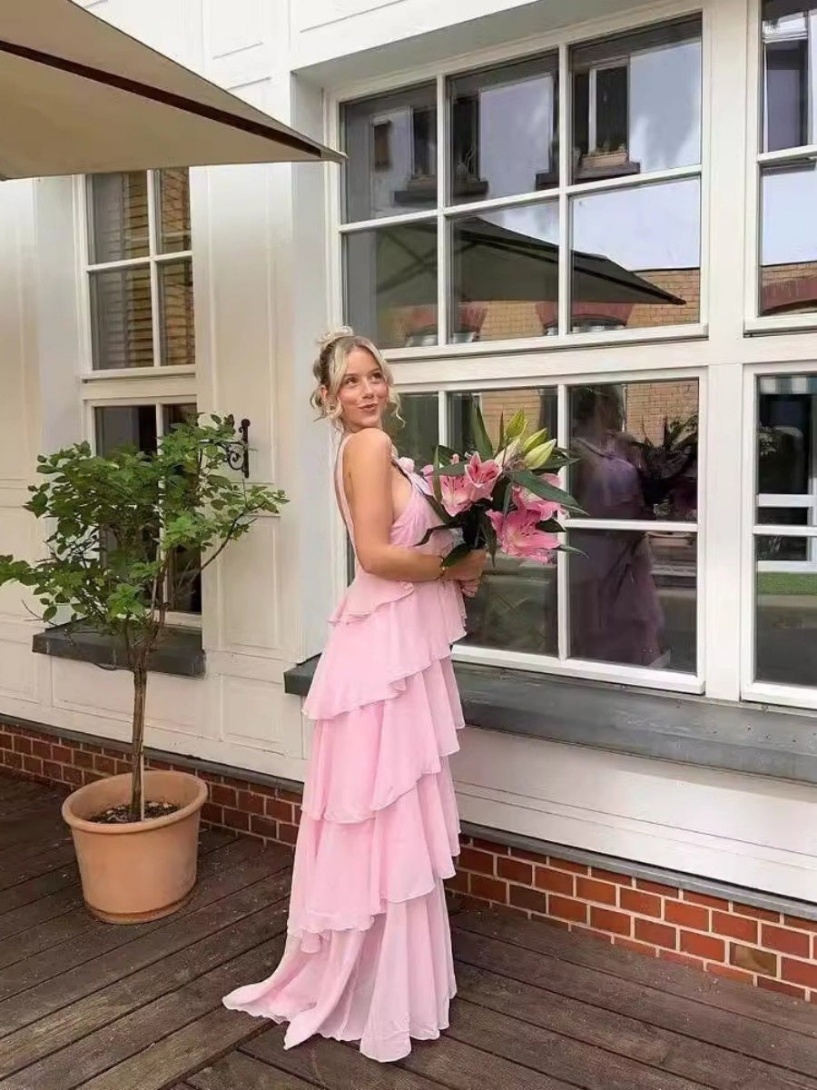 Halter Backless Cake Skirt Pink Yellow Maxi Dress