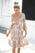 Floral Sequin Mesh Overlay Deep V-Neck Flutter Sleeve Midi Dress