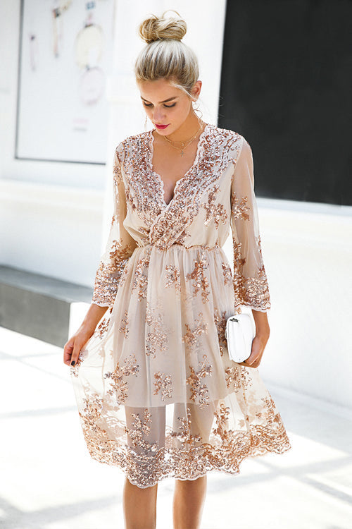 Floral Sequin Mesh Overlay Deep V-Neck Flutter Sleeve Midi Dress