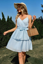 Surplice Wrap Spaghetti Strap Self Tie Tiered Ruffle Crinkle Mini Dress