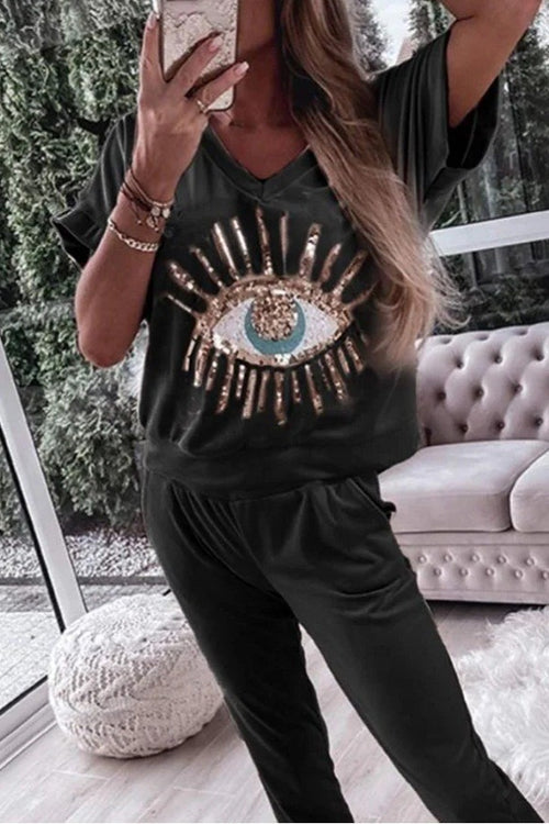 Sequin Pattern V Neck Short Sleeve Top with Pocketed Pants Casual Set