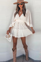 Lace Deep V-Neck Bell Sleeve Smocked Waist Button Front Ruffle Hem Mini Dress