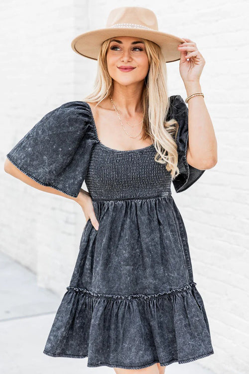 Square Neck Smocked Puff Sleeve Tiered Ruffle Hem Chambray Mini Dress