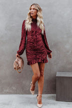 Burnout Velvet Mock Neck Damask Bishop Sleeve Ruched Flounce Mini Dress