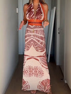 Plants And Flowers Printed Lace Up V-neck Halter Maxi Dresses