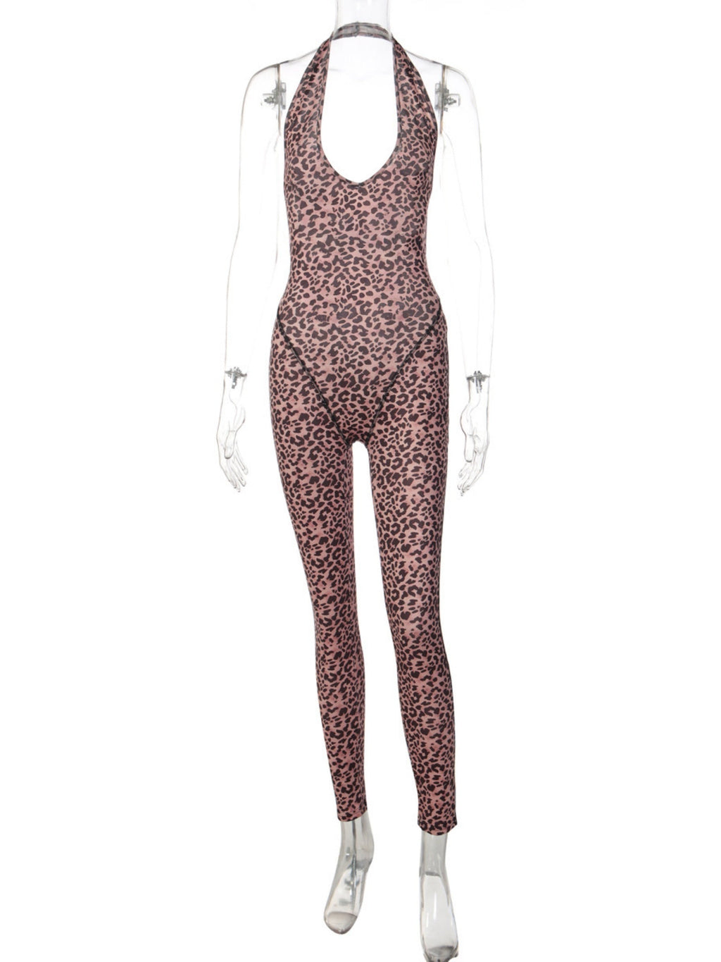 Leopard Print Halter Neck V-neck Backless Jumpsuits