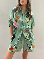 Printed Vacation Long-sleeved Shirt Shorts Set 2-piece Sets