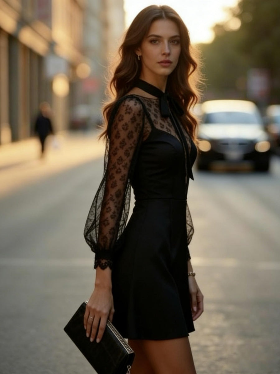 Mesh Perspective Splicing Bow Temperament Bandage Commuting Reunion Mini&Short Dresses