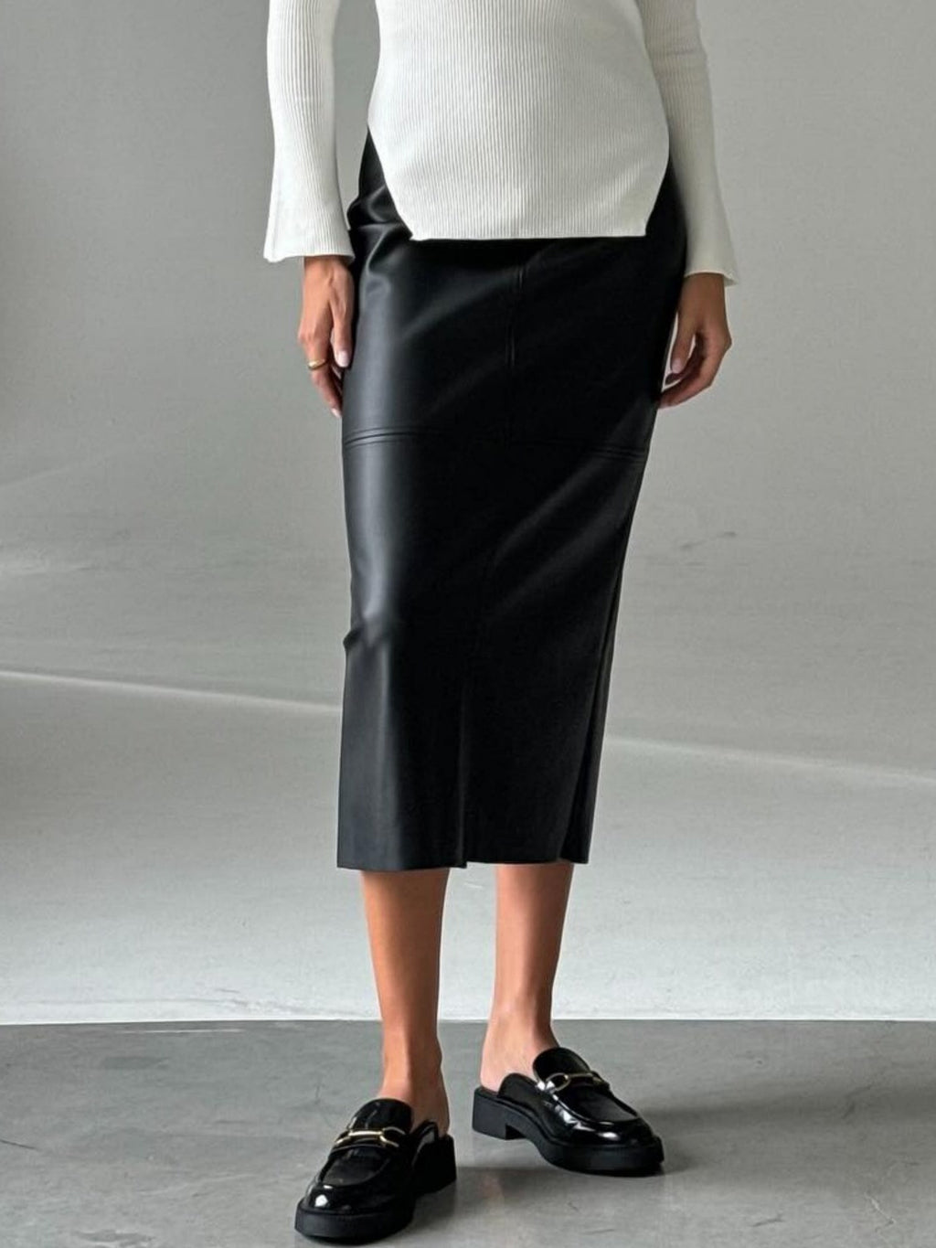 PU Leather High-waisted Back Slit Longline Skirts
